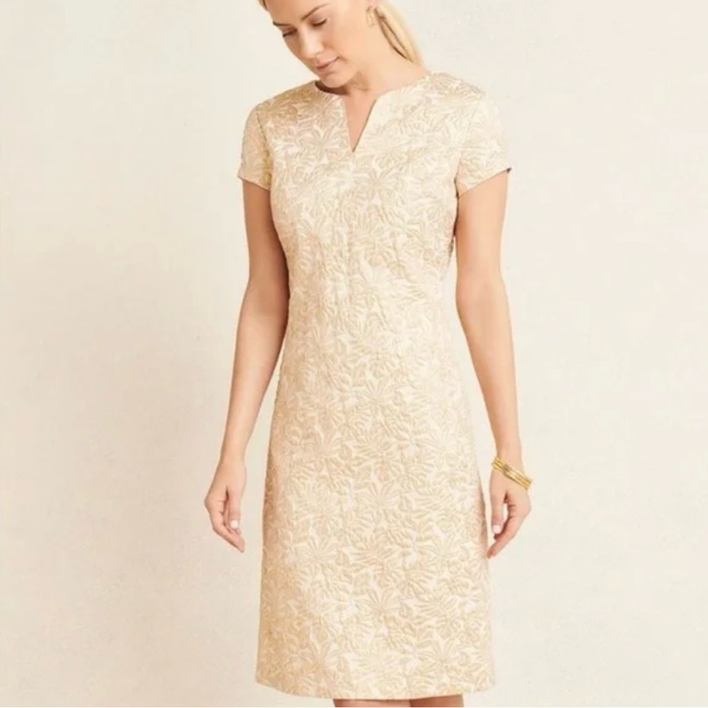 J. McLaughlin Ariana Champagne Gold Metallic Palm Leaf Party Cocktail Dress Sz 6